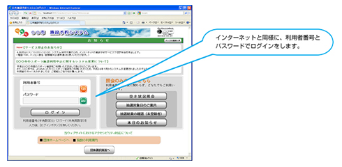 インターネットと同様に利用者番号とパスワードでログインします